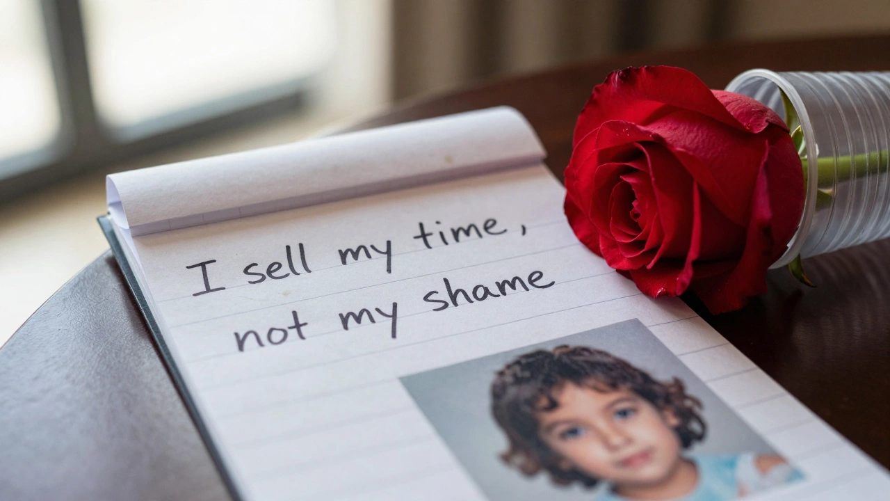 A handwritten note on hotel notepad reads &#039;I sell my time, not my shame,&#039; beside a faded photo of a child.