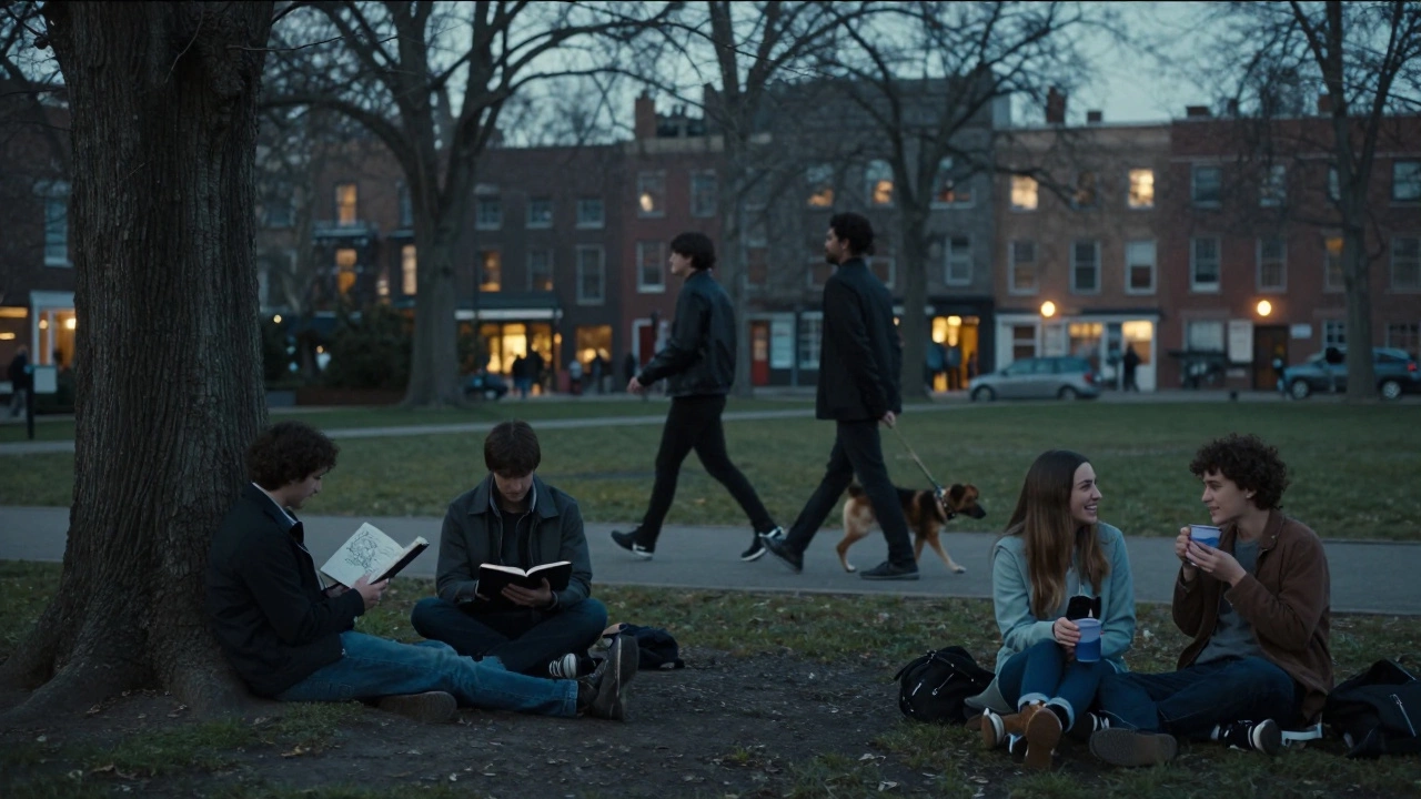 Diverse individuals enjoying peaceful moments in a park at twilight, no sexual activity.