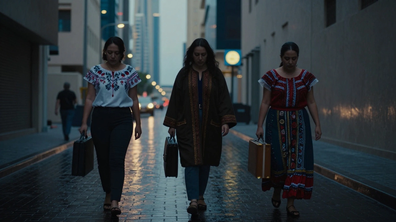 Three women walk separately in a Dubai alley at dusk, each in distinct cultural clothing, heads down.