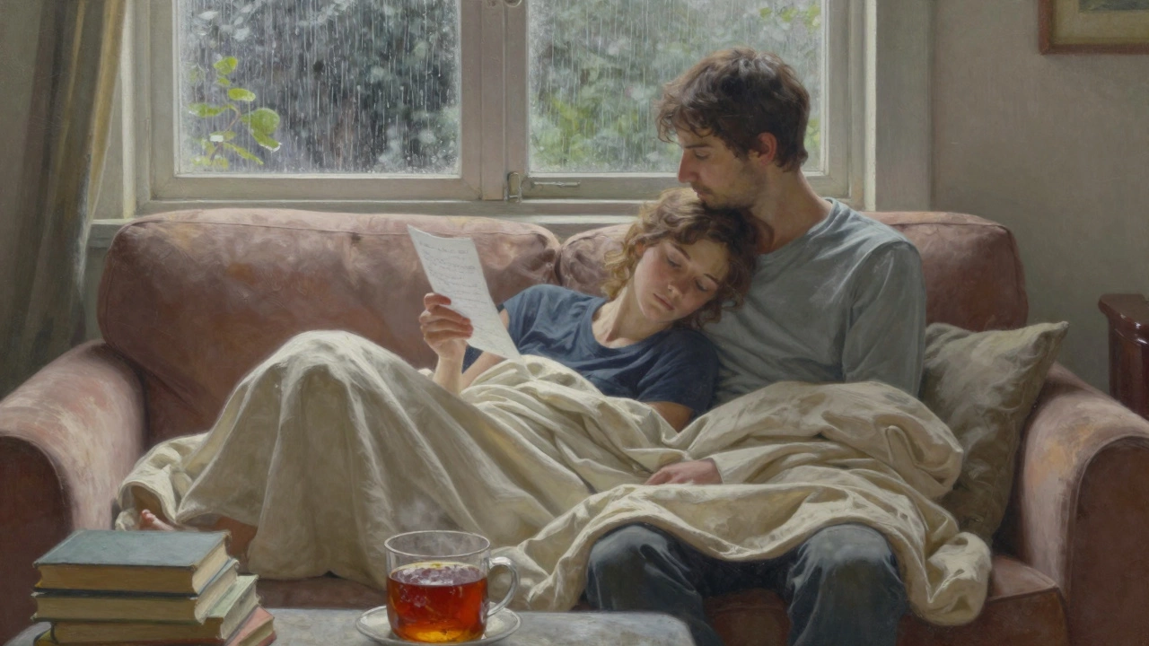 Two people cuddled under a blanket on a sofa, sharing quiet comfort in a cozy room.